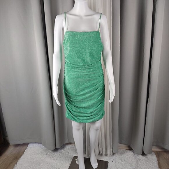 Shein Bae Ruched Green Spaghetti Strap Cami Glitter Dress Size LP - Picture 3 of 13